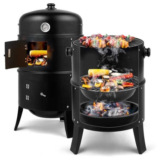 Portable Iron Charcoal Smoker Grill with Thermometer